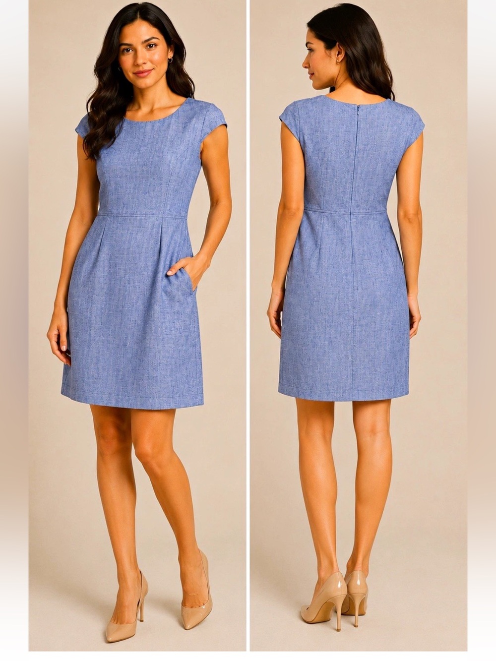 J. Crew Womens Light Denim Blue Cap-Sleeve lined Shift Dress Size 2 with pockets